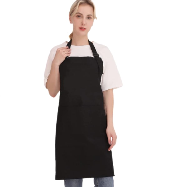 Köksförkläde Justerbart svart 100 % bomullsförkläde med 2 fickor, kockförkläde, dam- och herrförkläde
