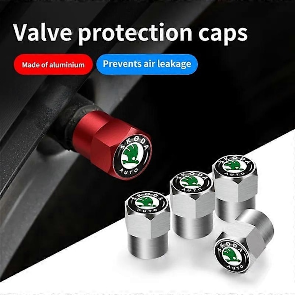 4 stk. Bilhjul Dækventil Hætter Støvdæksel Tilbehør til Skoda Octavia Rapid Kodiaq Karoq Fabia Kamiq Superb Derivative Vision-Perfet 4pcs Red