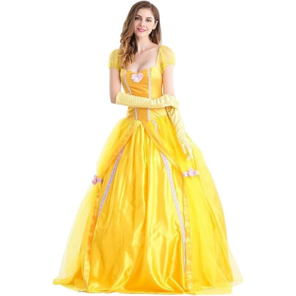 Belle Klänning Vuxen Prinsessa Kostym Fest Karneval Cosplay Performance Halloween Gul Kostym med Handskar，XXL
