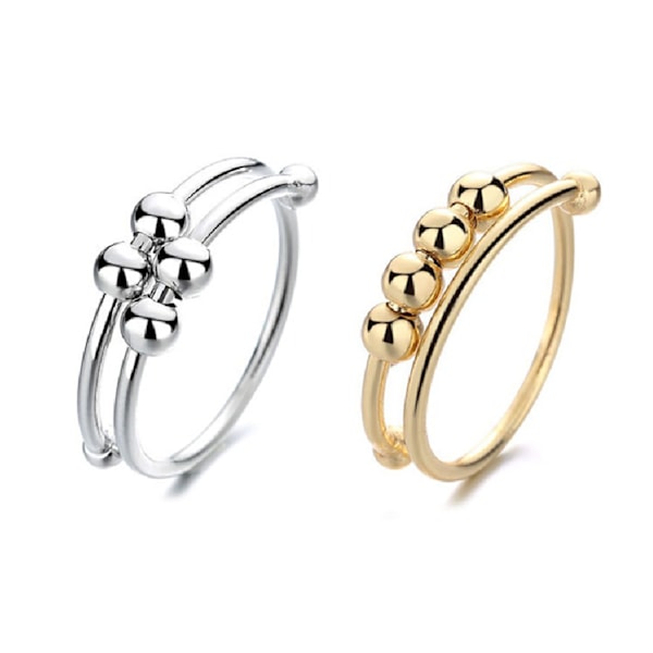 2pcs Fidget Ring Gold and Silver Alloy Reduce Anxiety Relax Mind Open Bead Rings Women Finger Accessories