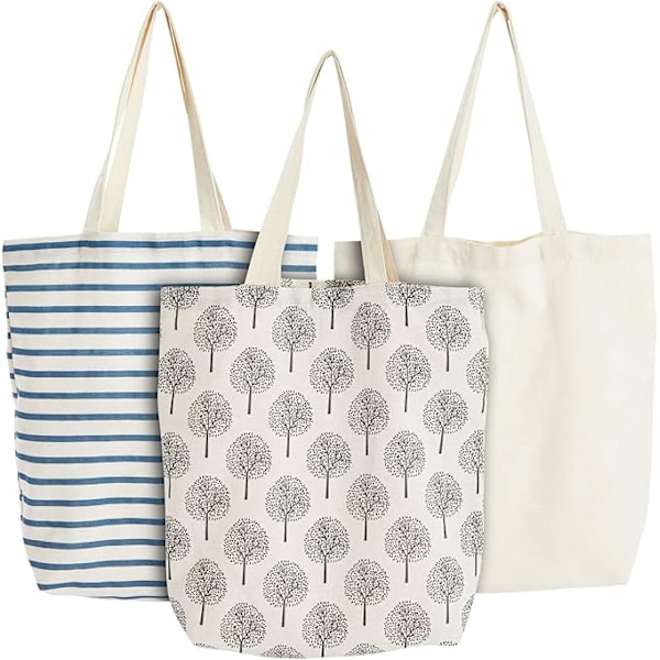 Shoppingväskor i bomull (set om 3) - robusta bärkassar med handtag - 3 olika mönster - tygväskor för shopping, transport