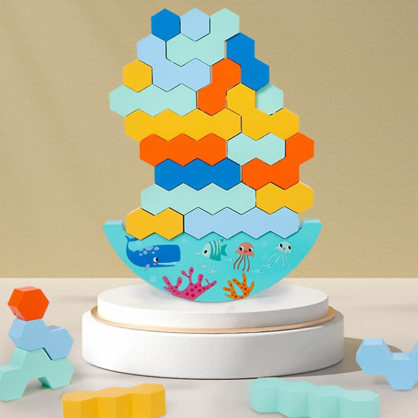 Söt trästaplarpussel Pedagogiska balansaktiviteter Leksak i 3+ år Stapling Hexagonblock Present för barn