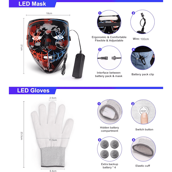 Halloween-maske LED-maske og hansker med flere lysmoduser Blue-red Mixed(1 Set)