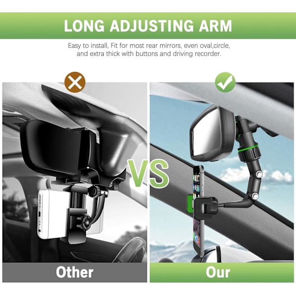 Bilholder til bakspejl - 360° drejelig og udtrækkelig biltelefonholder med justerbar bakspejltelefonholder Rearview Mirror Phone Holder