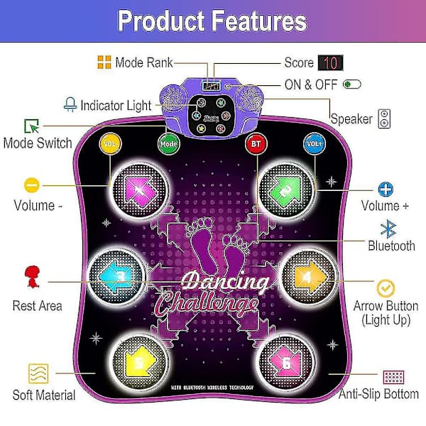 Dansematte for barn 3-10 år med Bluetooth, Musikkdansematte med 6 lysende piler, Elektronisk dansematte