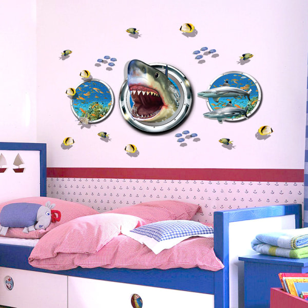 3D Shark Broken Wall Stickers Tropical Fish DIY Wall Decals Art D