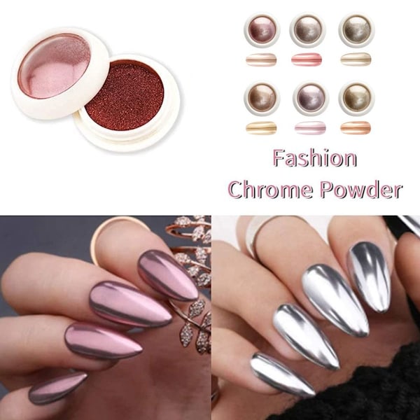 Förpackning med 6 kromglitterpulver, nagelkonstpulver, spegeleffekt krompigment