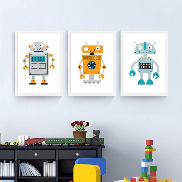 Tecknad robotväggkonst Print , enkel söt akvarellkonstteckningsdekor och barnrum (set med 3 oinramade, 20'x28')