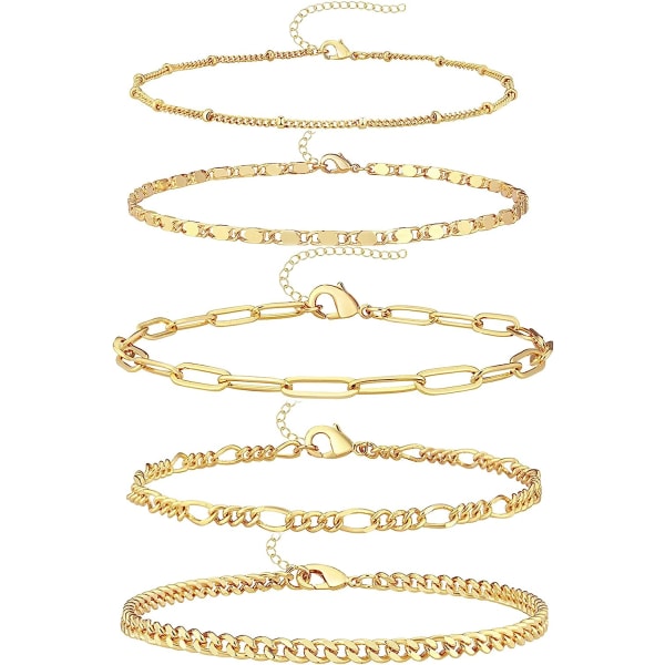 HHL Ankle Bracelets for Women, 14k Gold Plated Waterproof Layered Cuban Figaro Link Chain Anklets Set Gold Anklets Jewelry Gift Adjustable Size 5pc