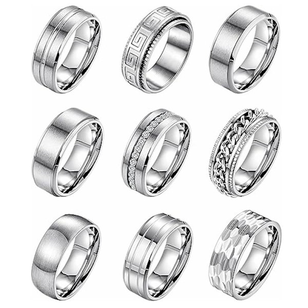 9-delt sæt 8mm titanium stål mænds og kvinders kæde ring enkelt børstet bryllup og forlovelsesring sæt sort 9-delt sæt nr. No. 9