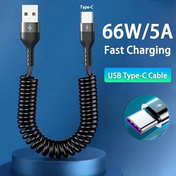 66W 5A Snabbladdning Typ C Kabel Fjäder Teleskopisk Biltelefonladdare USB-kabel För Samsung Xiaomi Redmi USB C Kabel