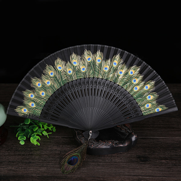 Black peacock silk bamboo folding fan, including a silk bag, Japan