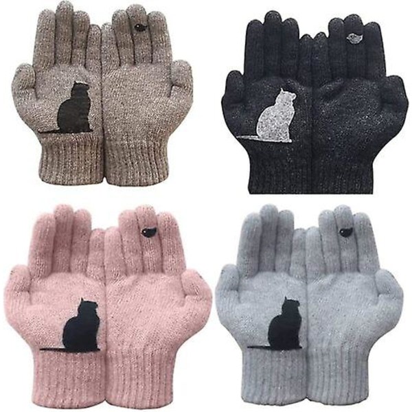 Dam Woolen Handskar Höst och vinter Utomhus varm katt utskrift handskar khaki