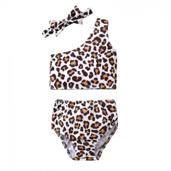 AVEKI Kids Baby Girls 3st Leopard One Shoulder Vest Trosor Bowknot Bikini Set Baddräkt Baddräkt, Storlek:100, Leopard