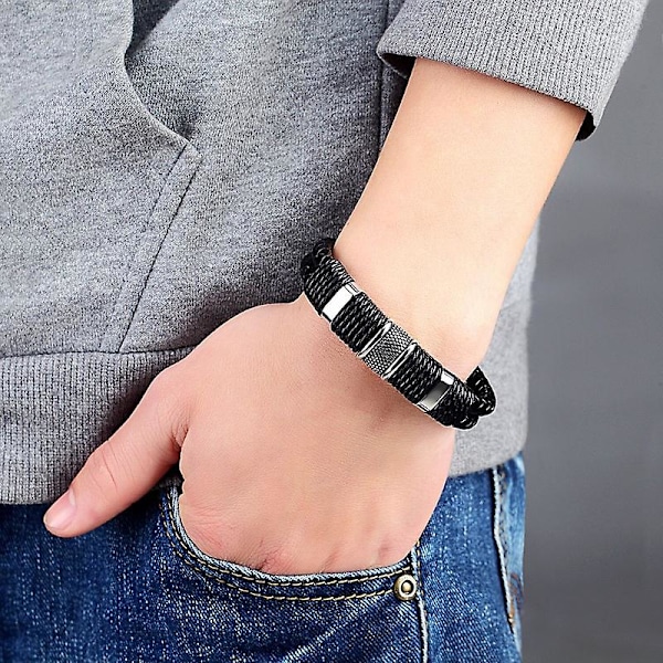 Flettet Læderreb Special Style Klassisk Rustfrit Stål Mænds Læderarmbånd Dobbeltlagsdesign A