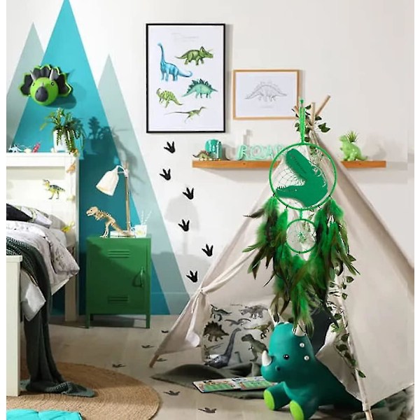 Drömfångare med dinosaurie för pojkar och flickor, Drömfångare ljus väggdekoration fjäder vägghängande dino drömfångare barnpresent (LGL) Grön Green No light