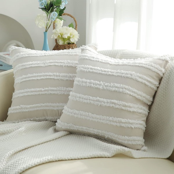 Boho dekorativa kuddfodral, neutralrandiga kuddfodral 24x24 set med 2, beige bomull linne kuddfodral för soffa vardagsrum.