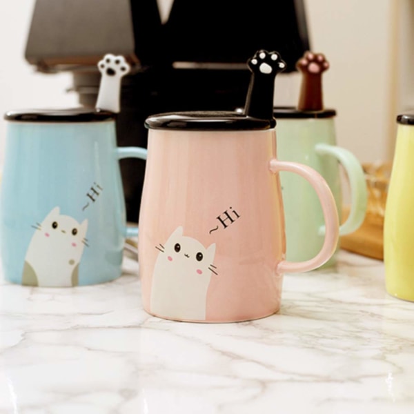 HHL Söt kattmugg Keramisk kaffemugg med Kitty rostfri stålsked, Hi~ Novelty Kaffemugg Present för kattälskare Rosa (rosa tassar färg slumpmässigt)