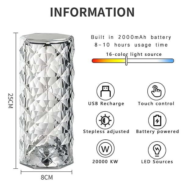 Krystall Diamant Bordlampe, 16 Farger USB Lading Berøringslampe Be