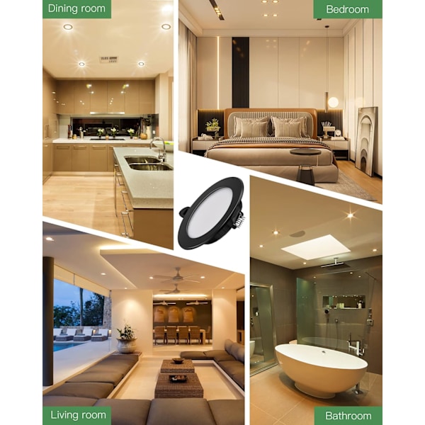 Ultratynne LED downlights 230V, Sett med 6 downlights 7W Energibesparende taklamper IP44 downlights, Svart, 6000K