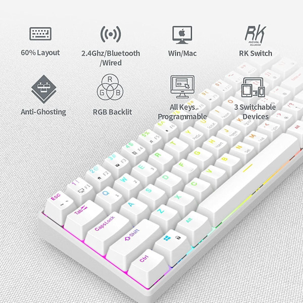 RK RK61 RGB Trådløst/kablet 60% Kompakt Mekanisk Tastatur, 61-tasters Bluetooth Lille Bærbart Gaming Kontor Tastatur, Egnet Til Windows Og Mac Hvid