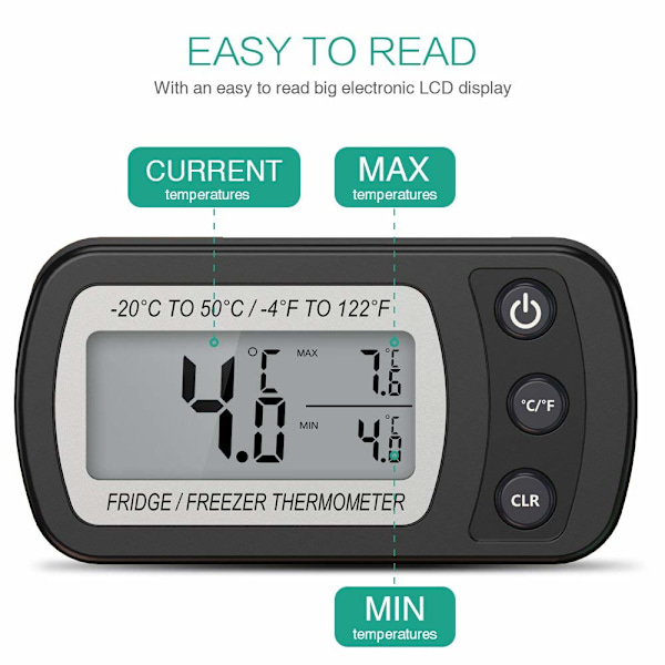 Digital Kylskåpstermometer, Vattentät Frysskåpstermometer med Hängare, Lättläst LCD-skärm, Max/Min Inspelningsfunktion (Svart)