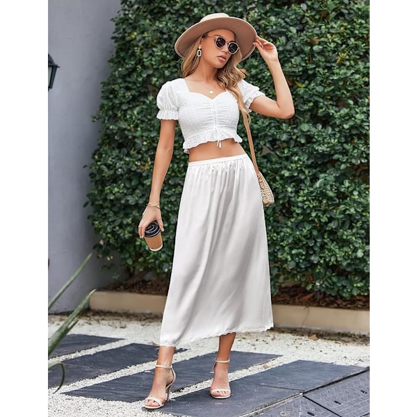 Satin Half Slip for kvinner med blonde, Langt underskjørt hvit white M