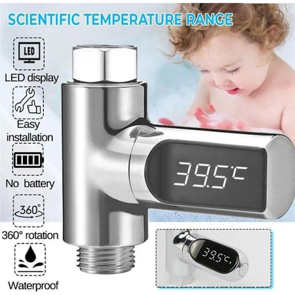LED digital badtermometer, duschtermometer 5-85 grader realtids vattenflöde med 360° roterande skärm