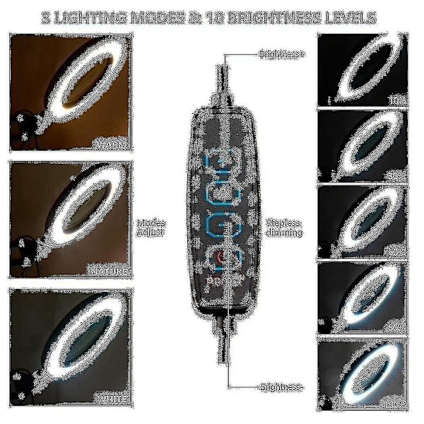 10x forstørrelsesglas med lys og 3 farvetilstande 10 lysstyrke justerbar forstørrelsesglas bordlampe til