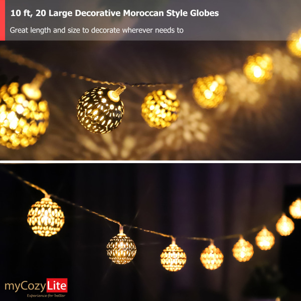 LED Globe String Lights, 20 guldmetallkulor med mönster, för bröllop, semester, jul, inomhus, utomhus, med timer, 3 meter, utdragbar