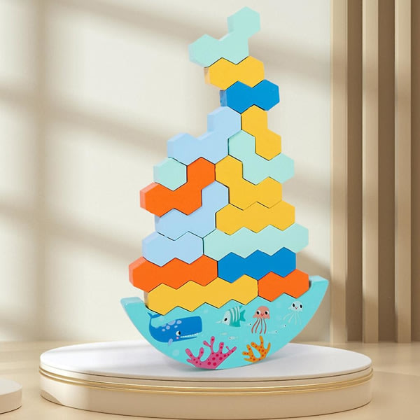 Söt trästaplarpussel Pedagogiska balansaktiviteter Leksak i 3+ år Stapling Hexagonblock Present för barn