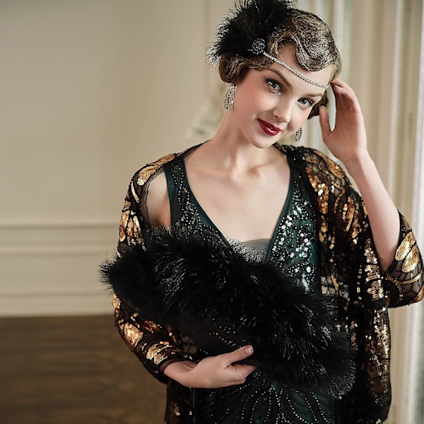 Fjer Vifte, Vintage Folde Vifte Flapper Håndvifte - Black