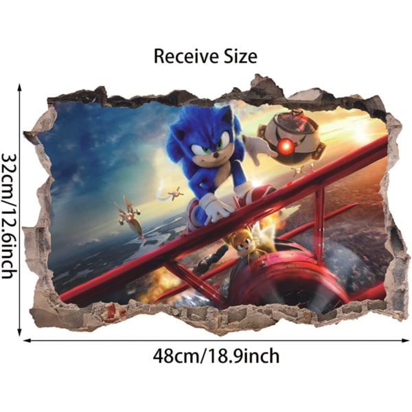 Väggdekal i 3D-stil Sonic The Hedgehog Väggdekal Heminredning Väggkonst Vinyldekal för barnsovrum Vardagsrum (på planet (32 * 48cm))