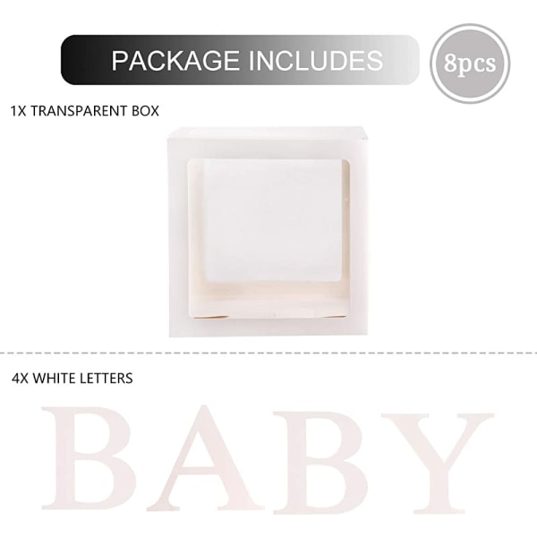 Baby Shower Boxar Festdekorationer – 4 st Transparenta Ballongboxar Dekor med Bokstäver, Individuella BABY Block Design för Pojkar
