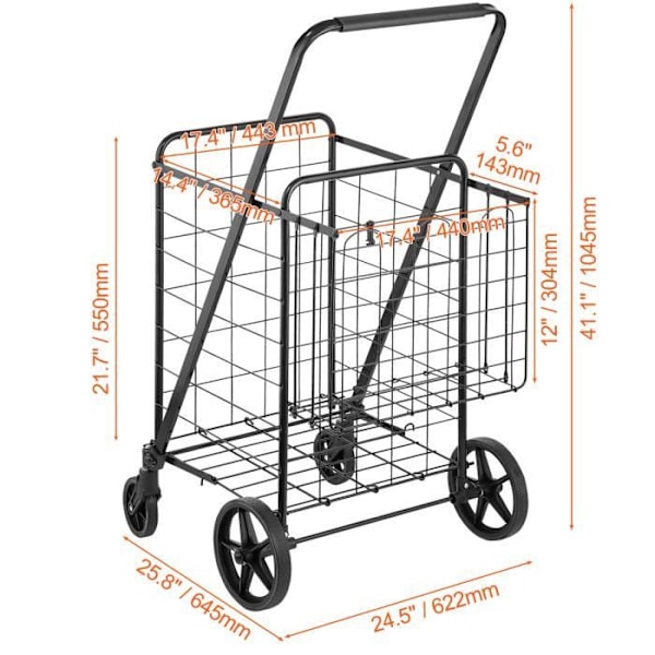 Sammenklappelig indkøbsvogn - VEVOR - 85L Supermarkedskurv - Max belastning 50 kg 4 hjul