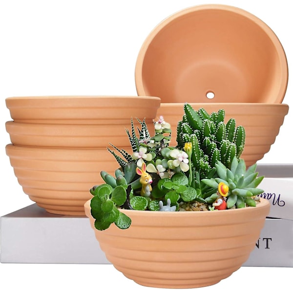 Small Terracotta Pots 6 Inch, Shallow Bowls with Drainage Holes, Clay Plant Pots, 6-Pack