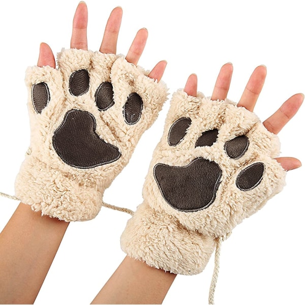 Women Bear Plush Cat Paw Claw Glove Soft Winter Gloves Fingerless Gloves (Beige)