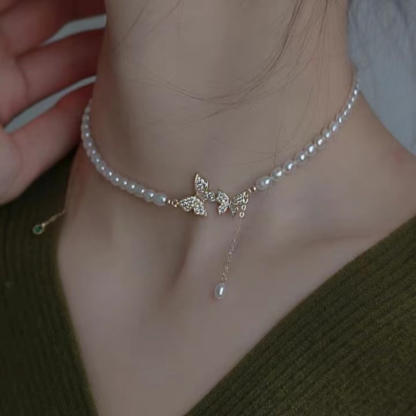 Två Fjärilar Zirkon Pärlhalsband Mode Mångsidiga Nyckelbenskedjor Nischdesign Lättviktig Lyx Hög Känsla Halsband Kvinnor (1 Styck)