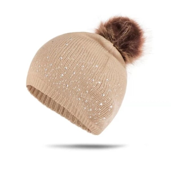 Mode Rhinestone Inlay Solid Color Baby Pompom Hat beige