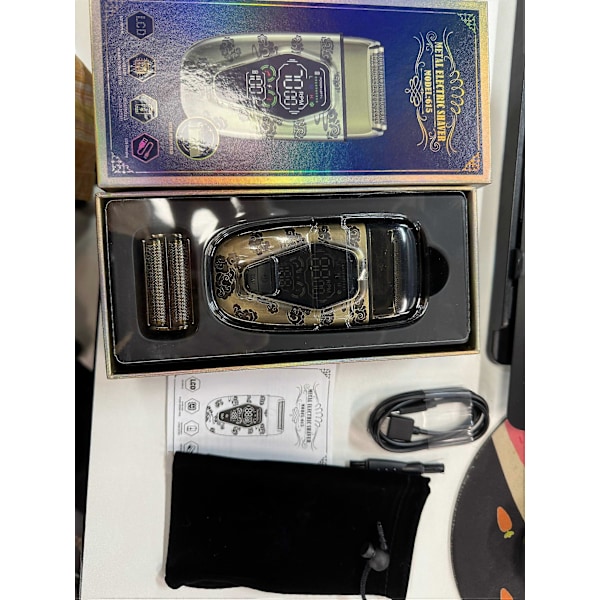 Barbermaskin for menn, for skallet hode, digitalt display, elektrisk frem- og tilbakegående barbermaskin, tre hastigheter, full metallkropp, LCD-strømdisplay, dobbel netting frem- og tilbakegående