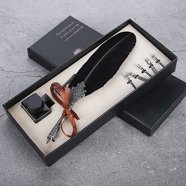 Harry Potter Gave Feather Pen Retro Pen Alloy Feather Writing med Nibs Sæt Fountain Pen med Blækflaske Sort (Sort)