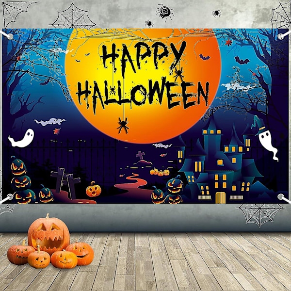 Happy Halloween-banner, halloween-bannerdekorasjoner, stor stoff halloween fotoboks bakgrunn, halloween hengende banner med måneslott i svart og oransje Black Orange 210*40 cm