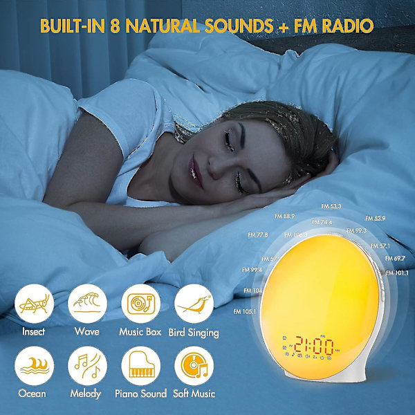 Auringonnousu Herätyskello, Koko Näytön Herätysvalo Auringonnousu Simulaatiolla, Kaksi Herätystä, FM-Radio, 8 Luonnonääntä Ja torkku, 3 Valotilaa, Digitaalinen Sänky