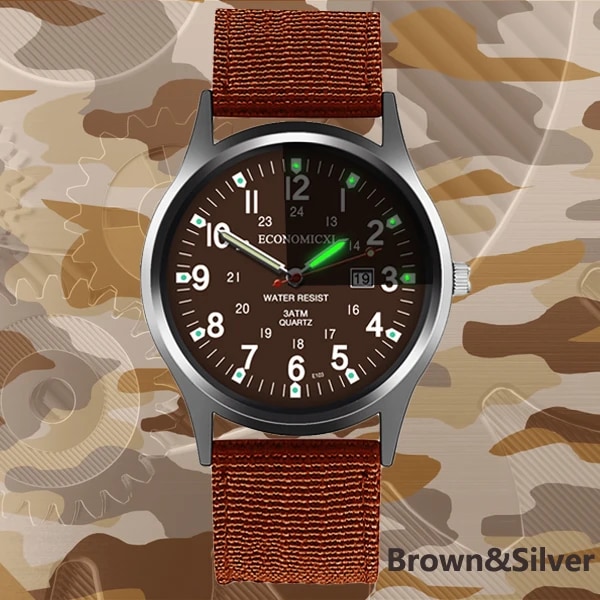 Mote-klokke for menn med lysende display, luksuriøs militær sportsklokke med dato, kvarts armbåndsur, casual nylonklokke for menn, maskulin brown silver