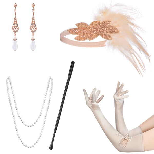 Huvudband, halsband, handskar och armband i 1920-talets flapperstil, Gatsby MA, onesize A A One size