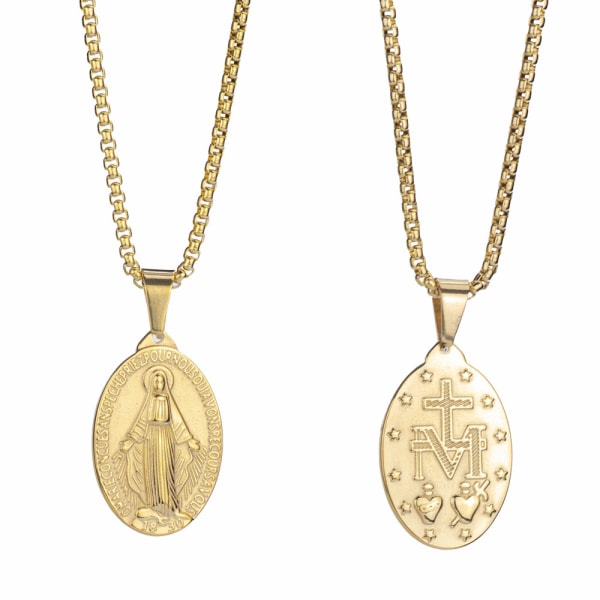 Hängsmycke medalj Jungfru Maria Miraculous stål guldpläterad guldkedja