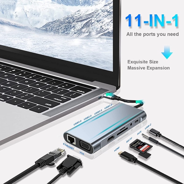 USB-C Hub, Type-C Adapter 11 i 1 med 4K HDMI