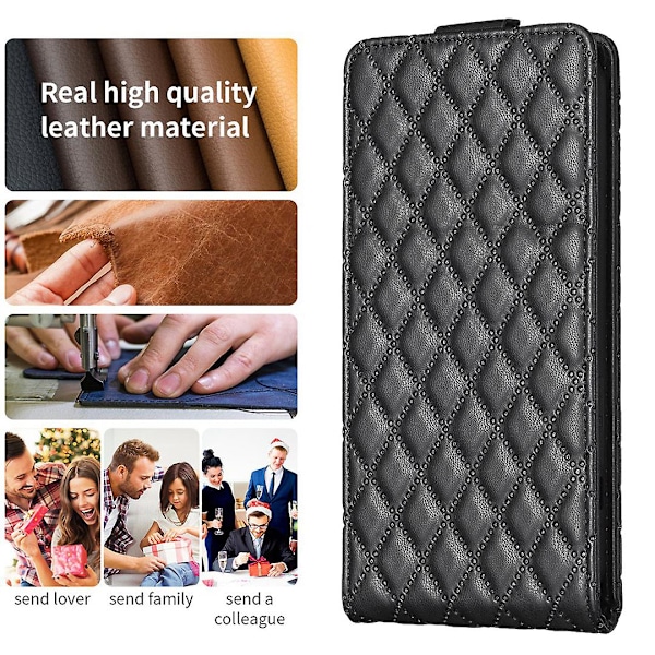 Vertikalt Vändbart Stötsäkert Skal för Iphone 15 PU Läder Präglat Telefonfodral Black