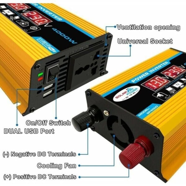 12V 220V Inverter, 4000W Ren Sinusbølge Inverter DC 12V 220V/110V Bil Inverter med Dobbel Spenningsvisning og USB-porter 4.2A Lader