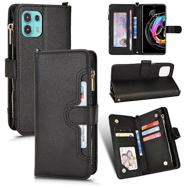 Fodral för Motorola Edge 20 Fusion Skydd Dragkedja Magnetisk Plånbok Korthållare PU Läder Flip Fodral Svart{GKS} Black A